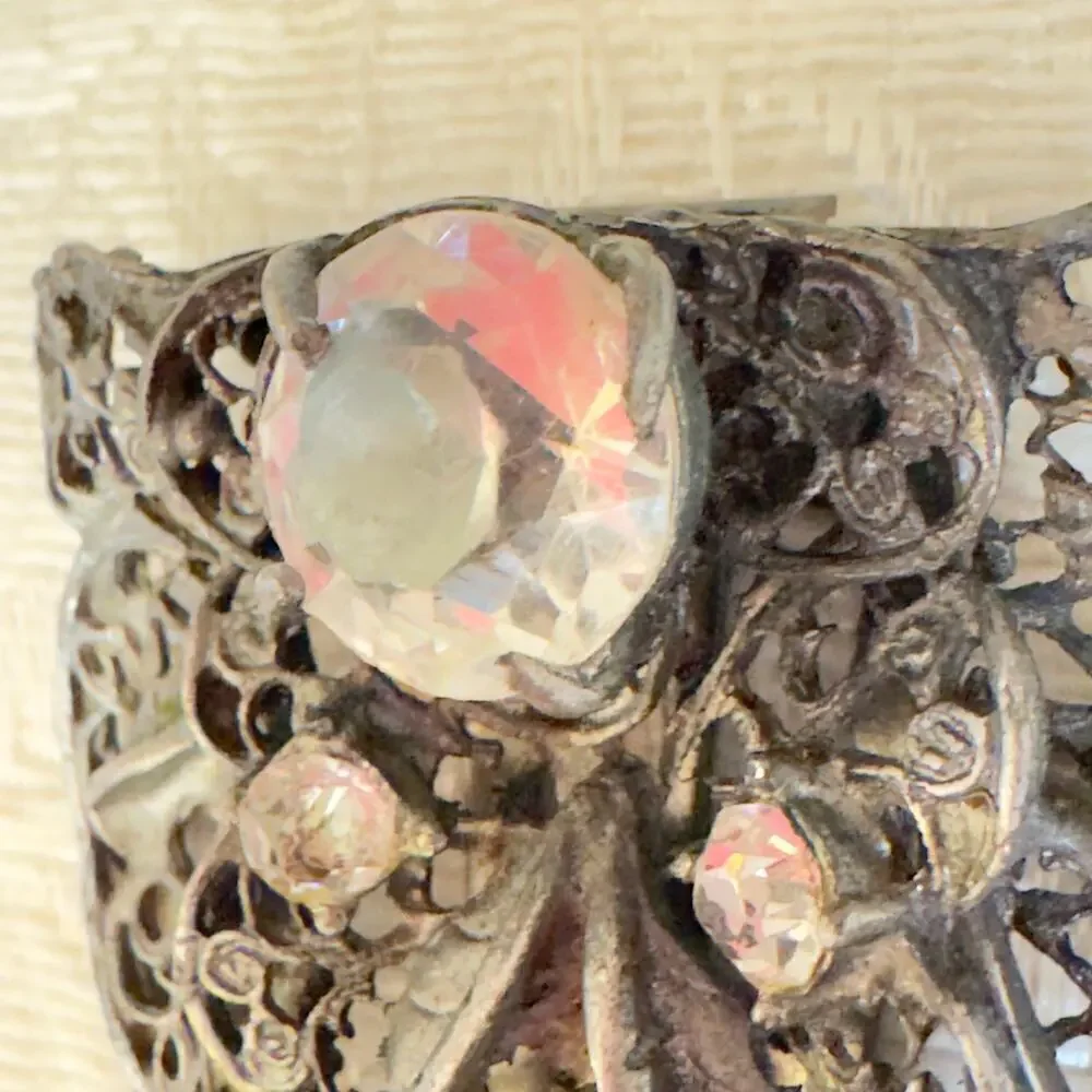 Vintage Art Nouveau Rhinestone Pot Metal Filigree and Flowers Dress Clip 1940s
